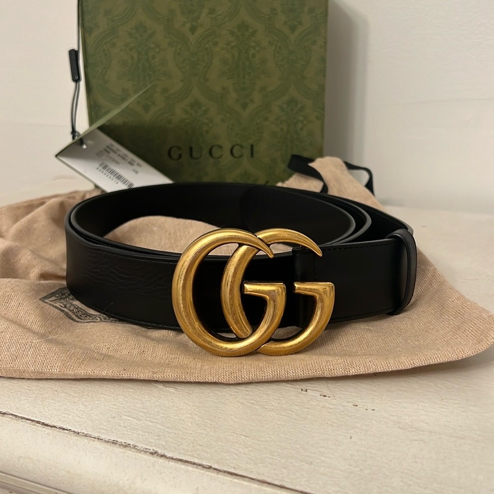 Authentic Gucci Black Belt with Gold GG Buckle